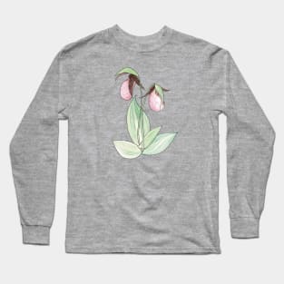 Pink Lady's Slipper Orchid Watercolor Illustration Long Sleeve T-Shirt